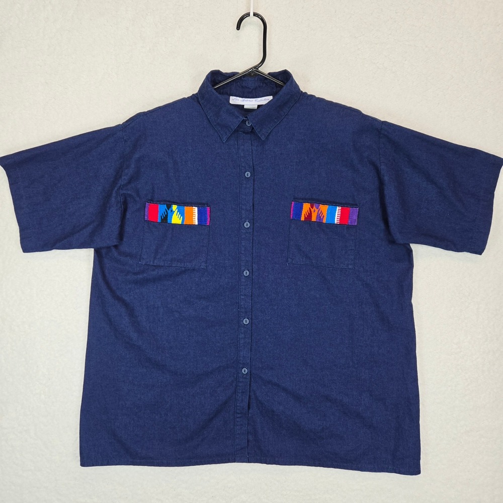 San Antonio Collection Women Short Sleeve Button Down Shirt 1X Navy Woven Pocket
